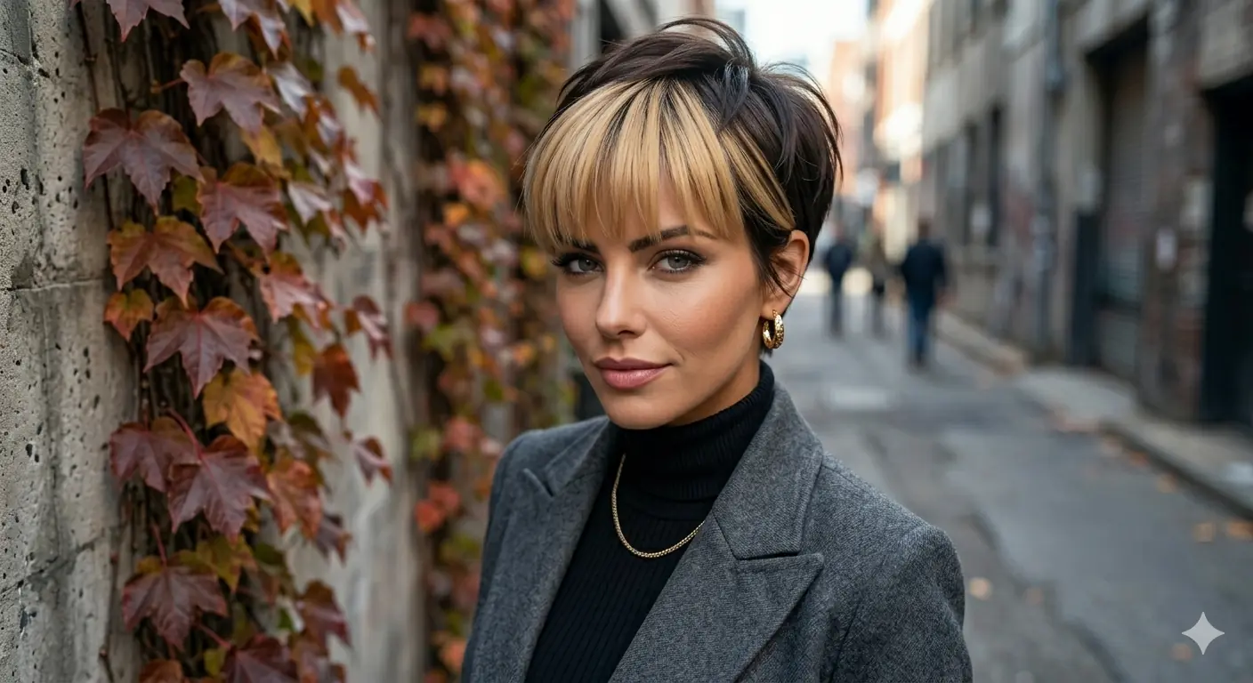 Chic Power Layers with Blunt Contrasting Blonde Bangs