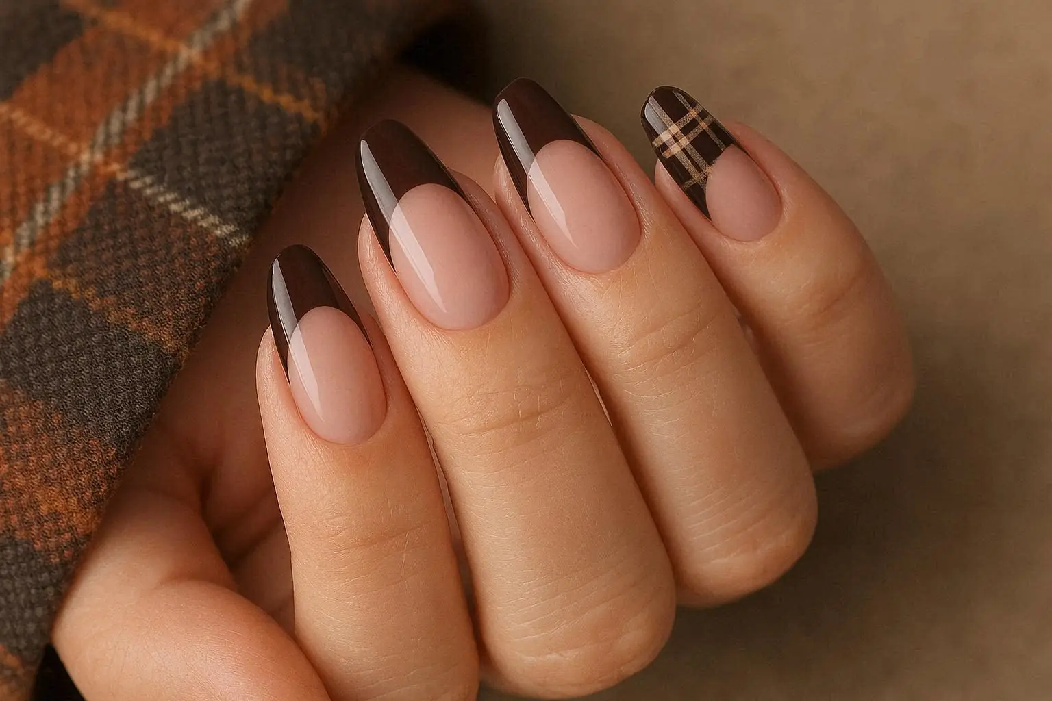 Elegant Dark Chocolate & Plaid French Tip Nails Sophisticated Autumn Nail Art
