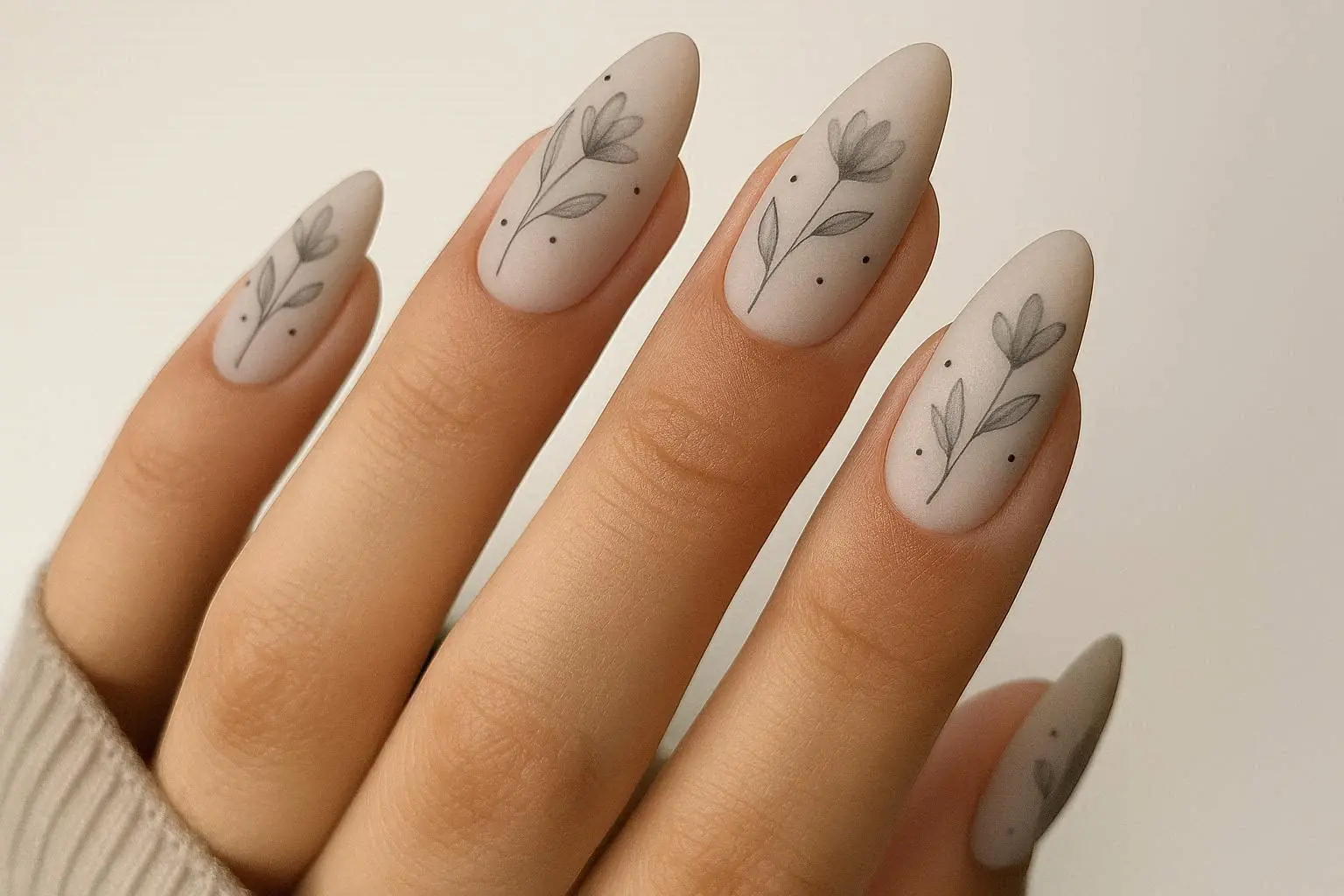 Elegant Grey Floral Nail Art Minimalist Almond Shaped Nails by Nailea