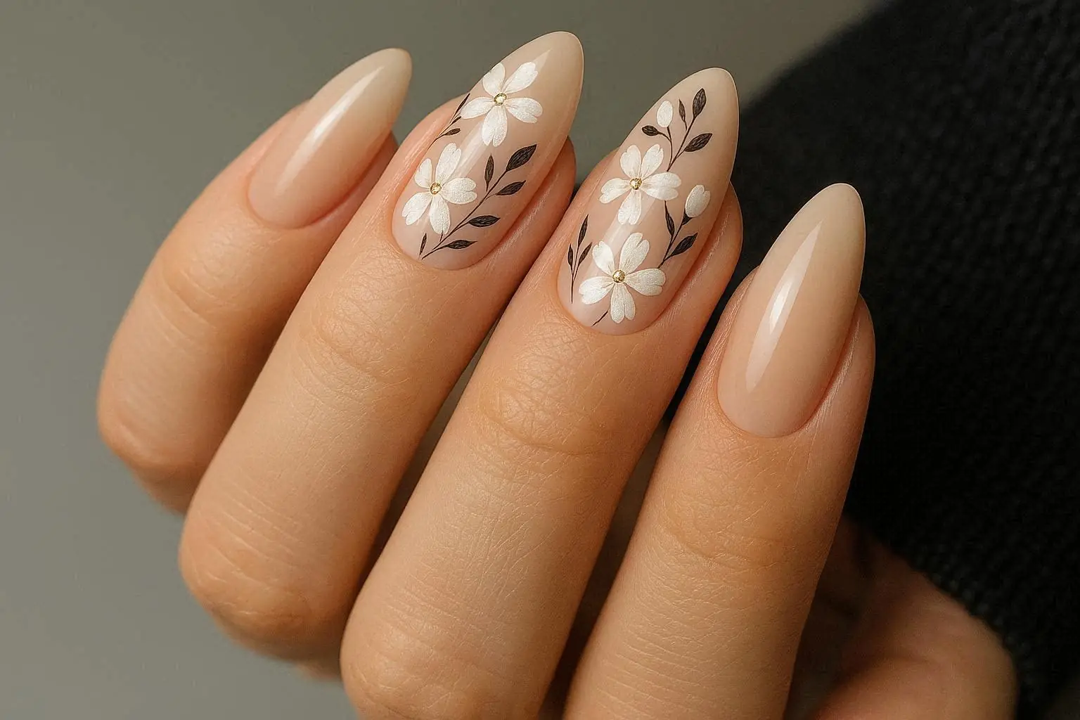 Elegant Nude Floral Nail Art Sophisticated Almond Nails