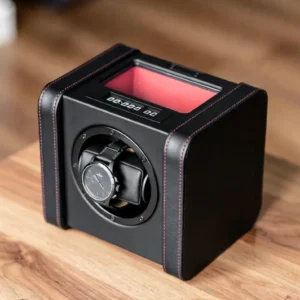 Single Watch Winder Black Leather Red Stitching
