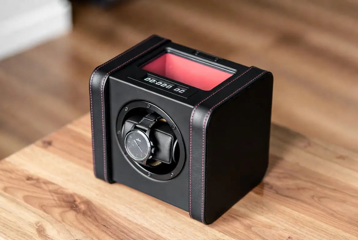 Single Watch Winder Black Leather Red Stitching