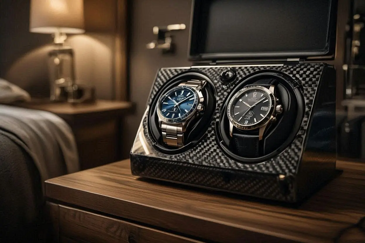 2 Watch Winder Carbon Fibre with Extra Storage Area