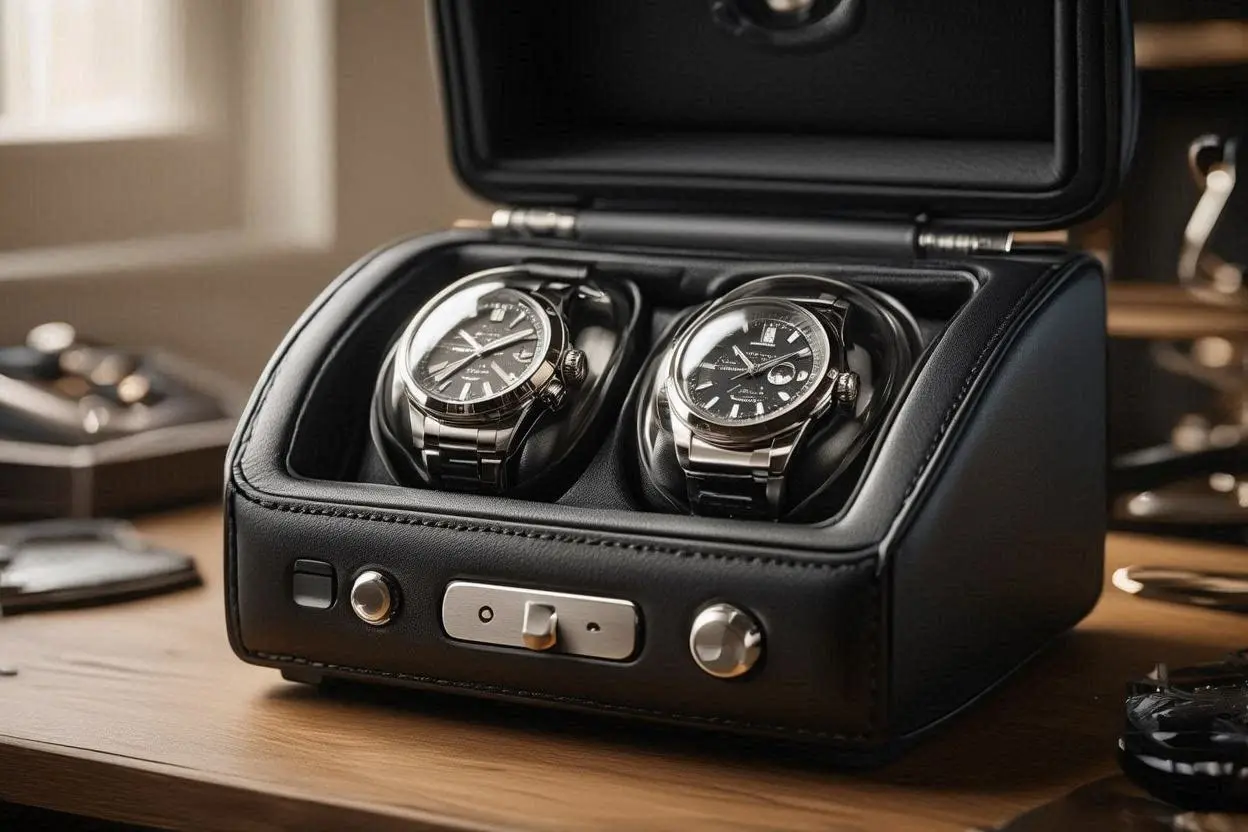 2 Watch Winder in Black Smooth Leather