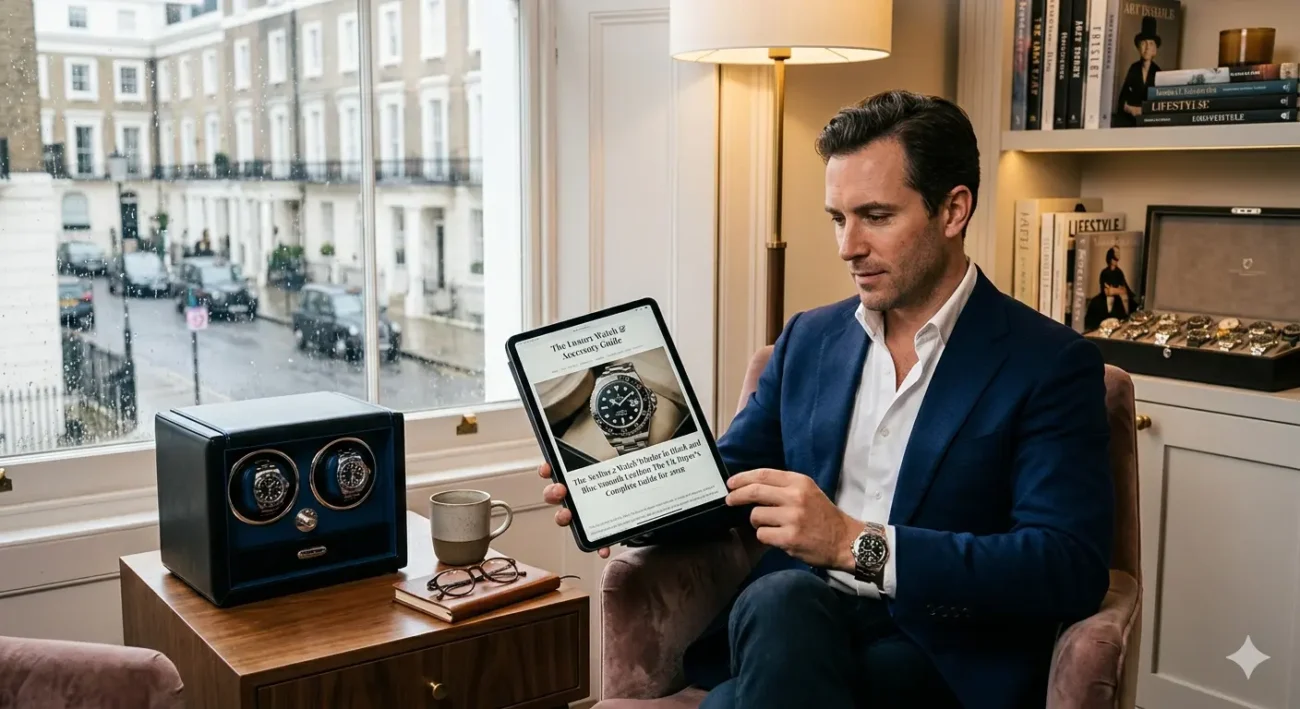 2 Watch Winder in Black and Blue Smooth Leather