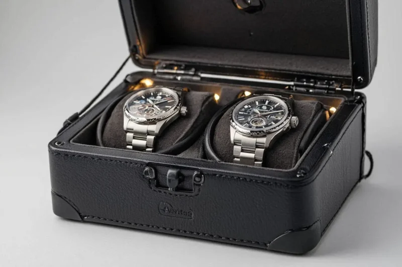 Premium Dual Watch Winder Black Genuine Leather Mains