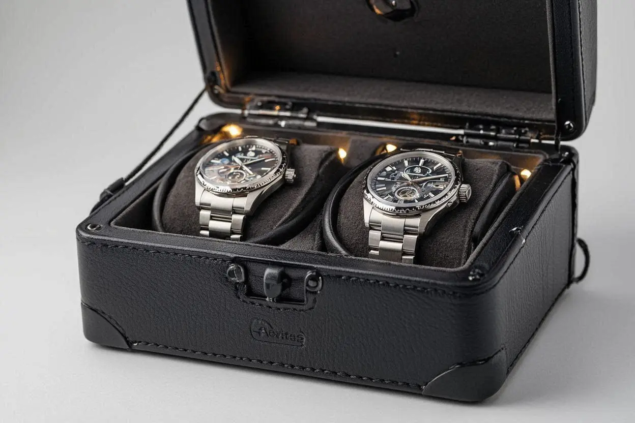 Premium Dual Watch Winder Black Genuine Leather Mains