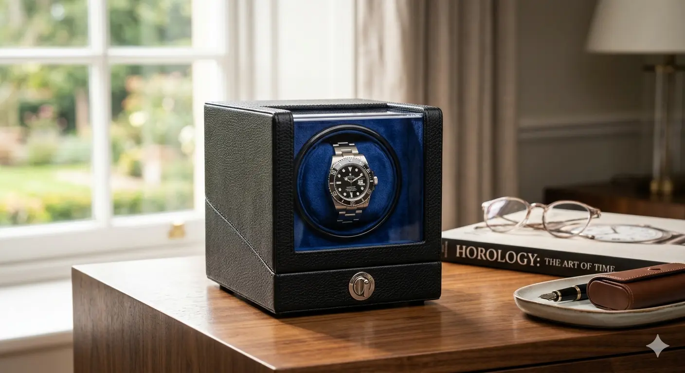 Single Watch Winder Black Leather Blue Lining Review
