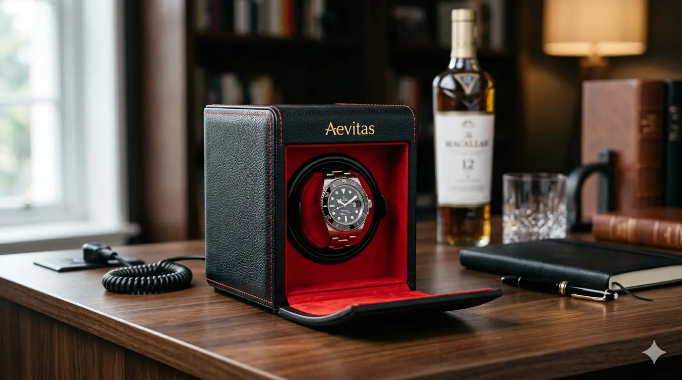 Single Watch Winder Black Leather Red Lining Mains or Battery by Aevitas Review