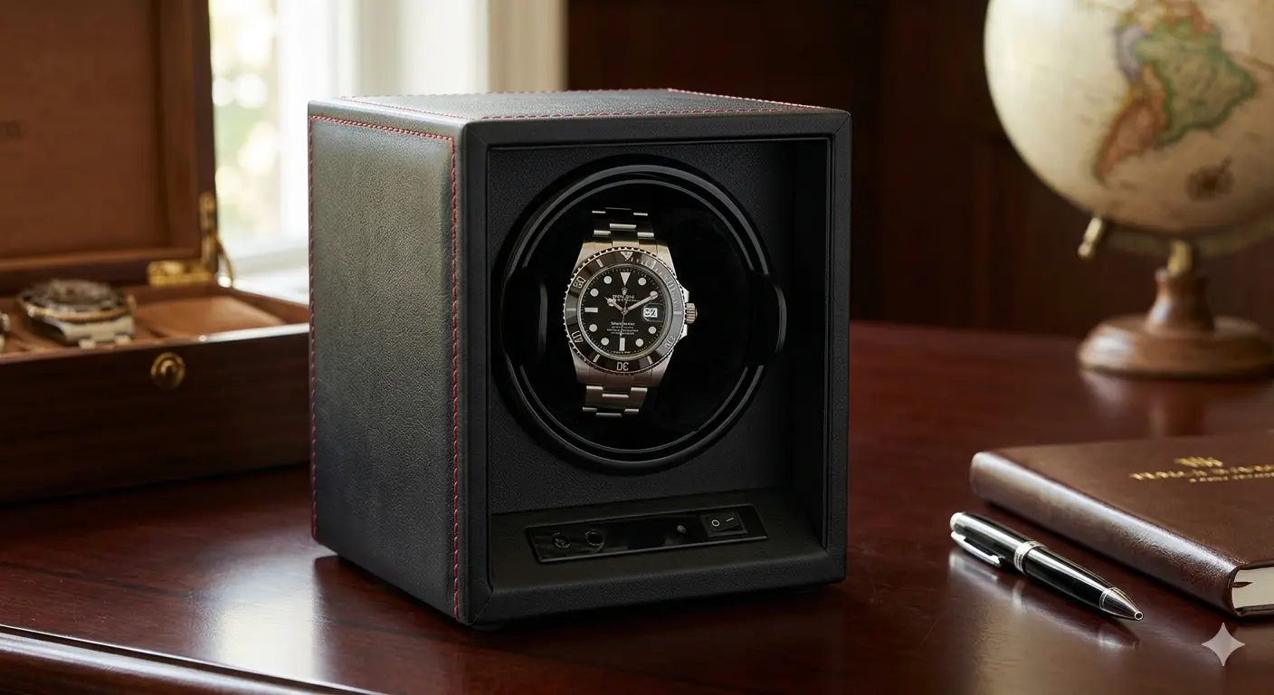 Single Watch Winder Black Leather Red Stitching Mains or Battery by Aevitas Review