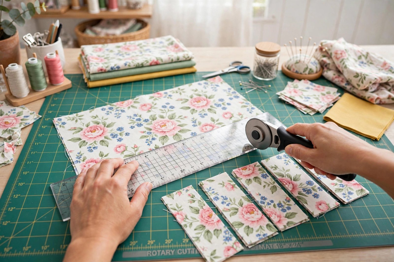 How to Sew a Tote Bag: An Easy Step-by-Step Tutorial for Beginners 4 Cutting floral fabric rectangles with a rotary cutter and ruler on a cutting mat