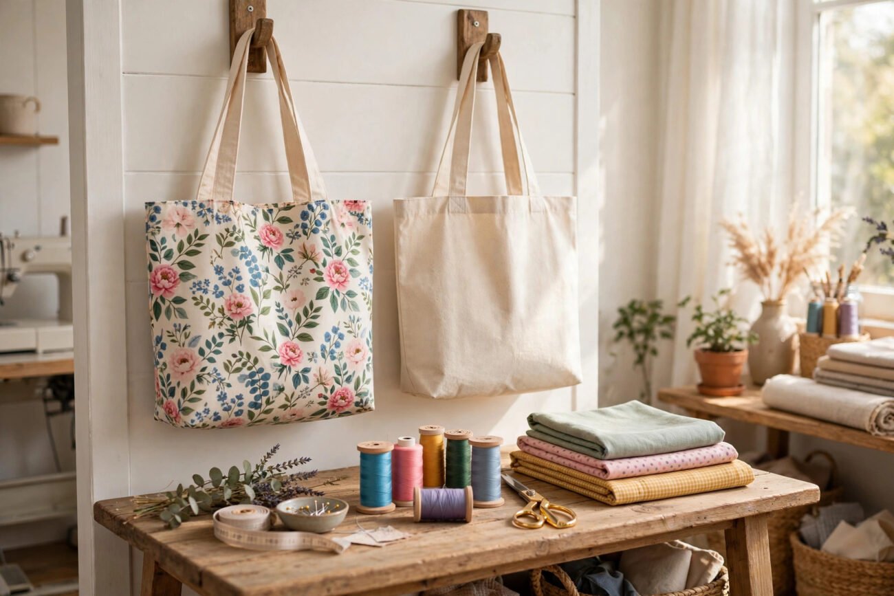 Two handmade tote bags, one floral and one plain canvas, hanging in a bright sewing room