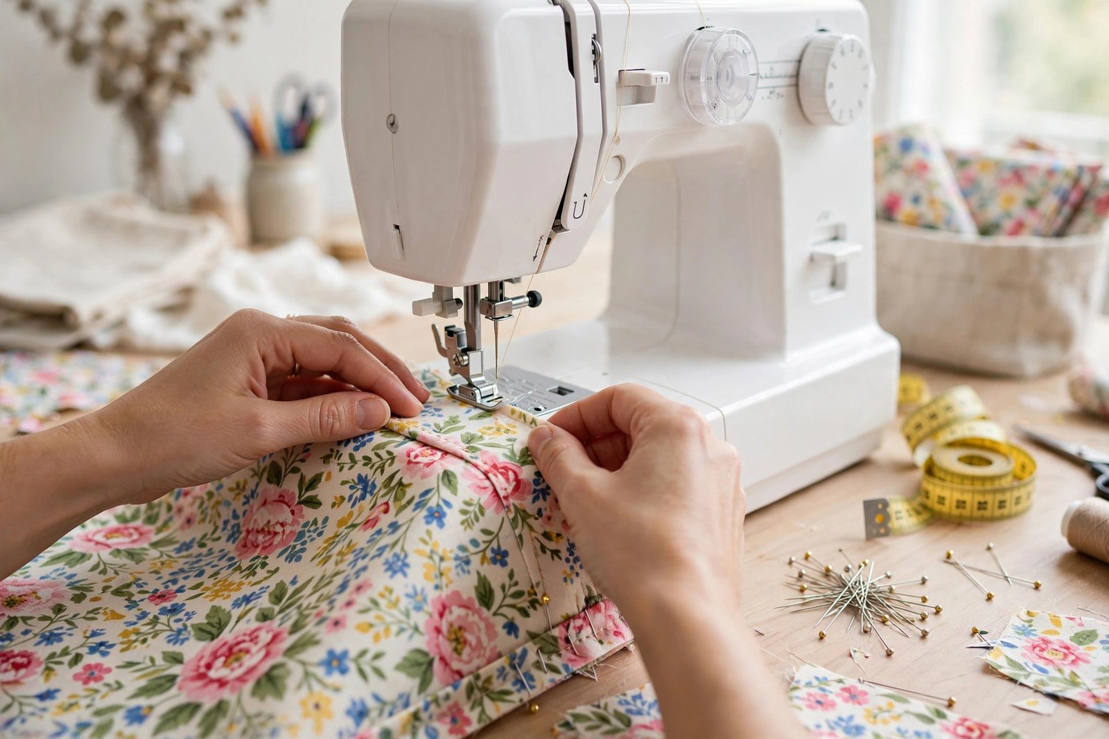 How to Sew a Tote Bag: An Easy Step-by-Step Tutorial for Beginners 3 Hands sewing floral fabric on a home sewing machine to make a tote bag
