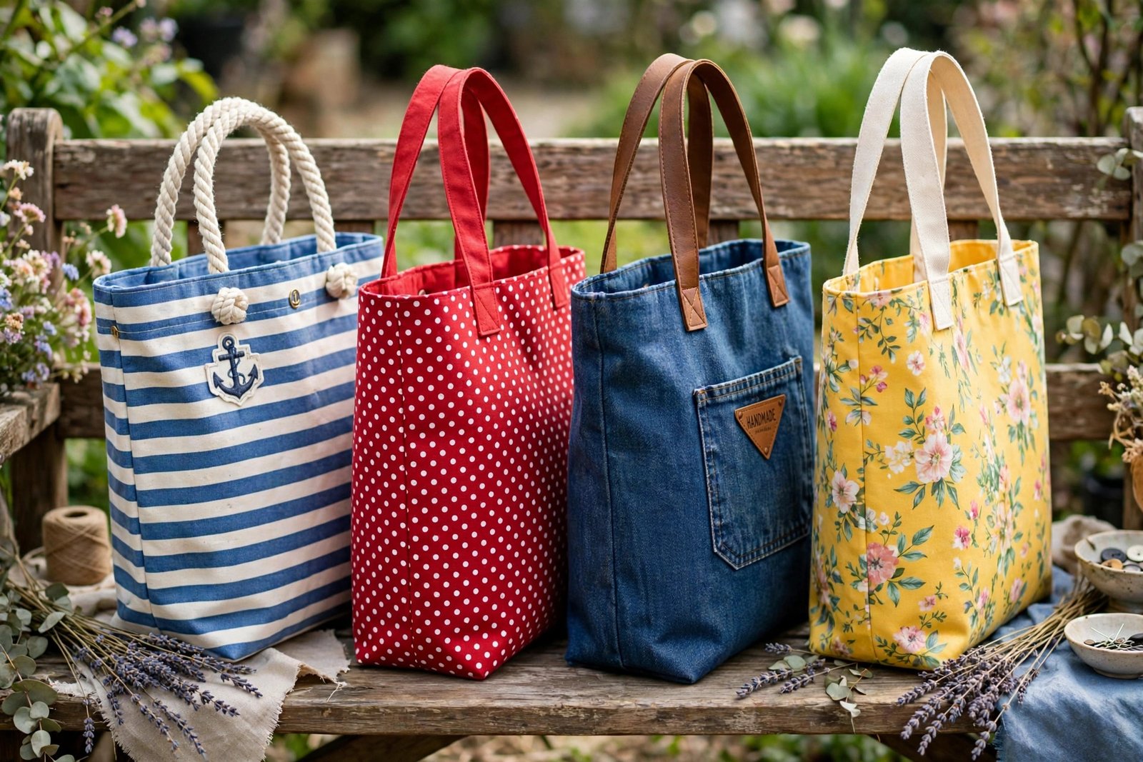How to Sew a Tote Bag: An Easy Step-by-Step Tutorial for Beginners 6 Four finished handmade tote bags in different designs: striped, polka dot, denim and floral