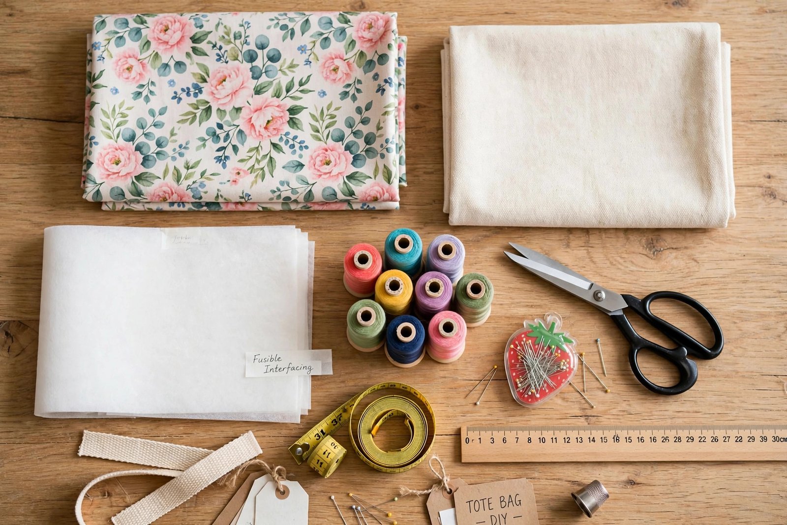 How to Sew a Tote Bag: An Easy Step-by-Step Tutorial for Beginners 2 Sewing materials laid out for making a tote bag: fabrics, interfacing, thread and tools